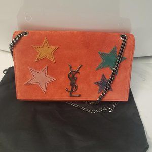YSL Suede Berry Red Medium Kate Star Patch Shoulder Bag